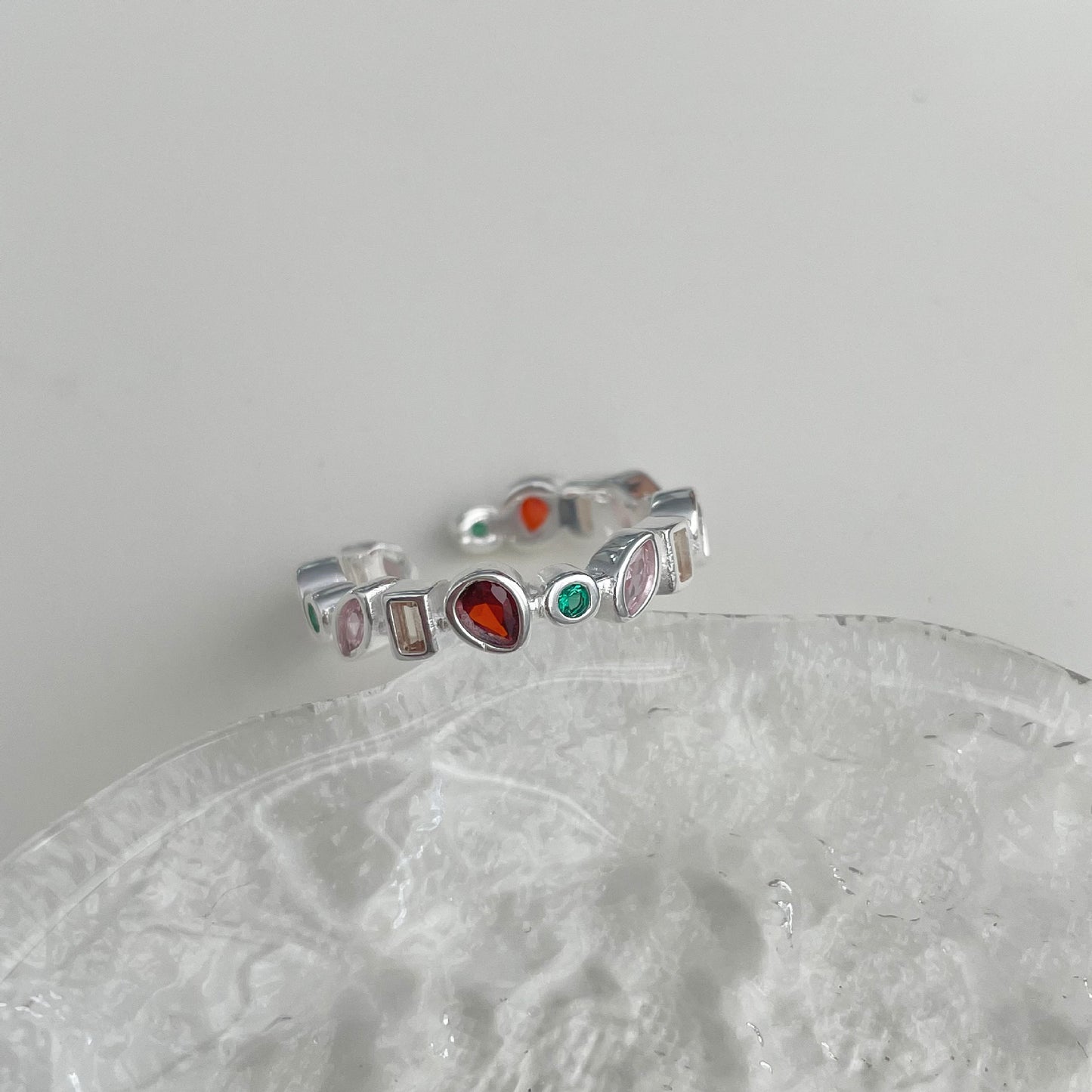 Irregular Geometric Rainbow Zircon Open Ring